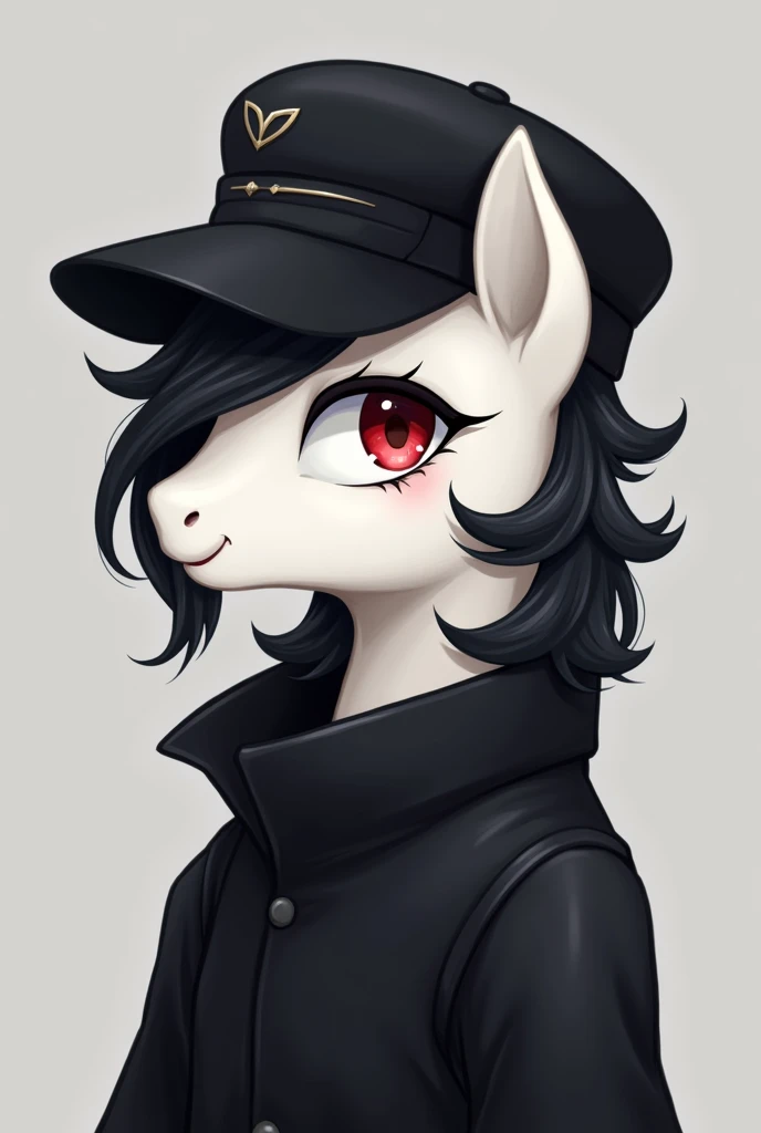 Pony cap with hat  .  black hair with white highlights . eagle red eyes on the side  .black clothes .White-skinned pony I want a normal cap for black and white hair 