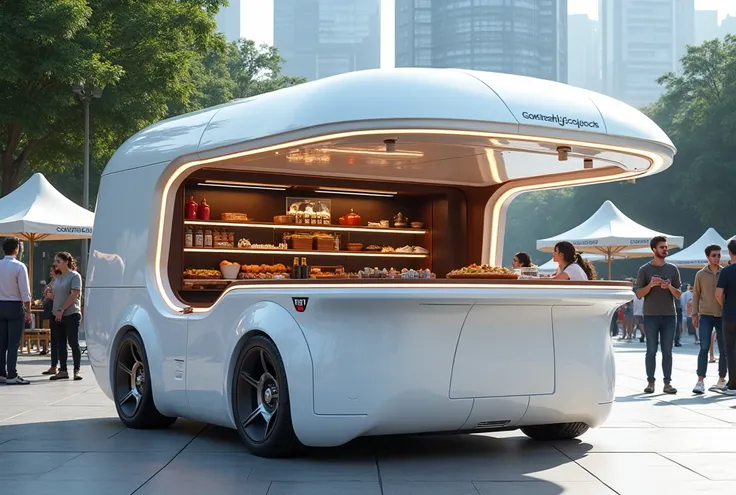  futuristic gourmet street cart to sell products and food , Food by Luxurious Primium White, Neon headlight, open sides and roofless ,  more realistic modern design with technological and beautiful shapes ,  looking like a car from the future ,  set at day...