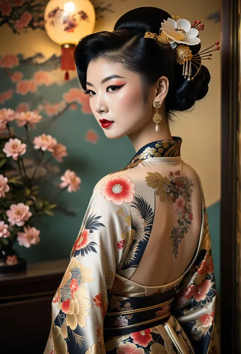 Vintage glamour, beautiful Japanese woman, marked makeup, modern touch. Intricate and detailed back tattoos, enigmatic geisha, look over the shoulder. Blurred flowers background, Bringing back the charm of the golden era with a touch of modern and edgy vib...