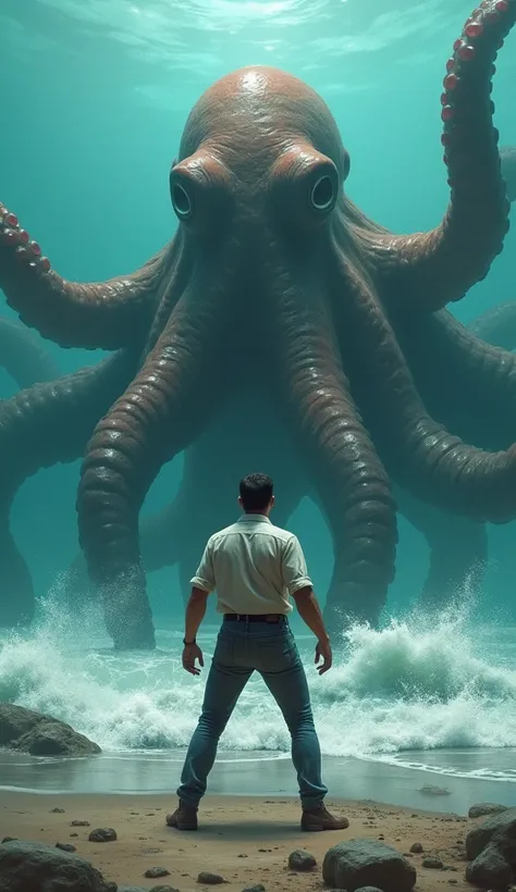 a man character with shirt and pants in fight pose facing an enormous octopus like creature emerging from the water, by Craig Mullins, digital painting, high resolution, high quality, 4k --ar 2:3 --quality 2 --stylize 750 --v 6.1