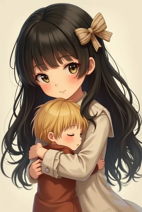   with black hair with a bow in her hair embracing a little blond boy with blond hair and greenish brown eyes , the two very small and cute  