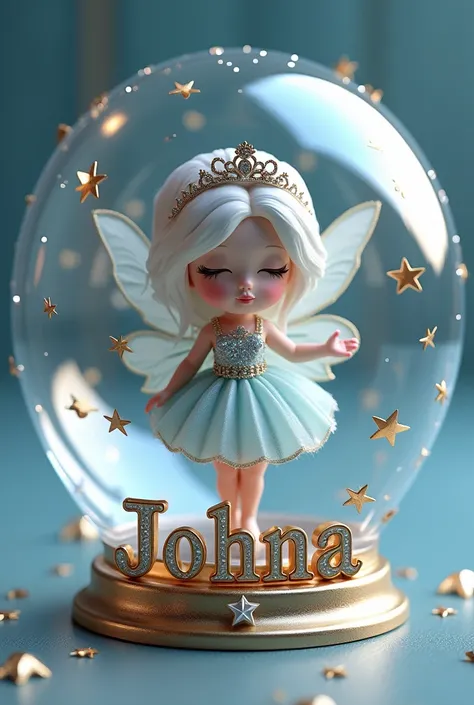 A captivating 3D render of a cute fairy, dressed in an exquisite ensemble and adorned with a dazzling silver crown and delicate butterflies. She
gracefully floats within a transparent bubble, surrounded by enchanting metallic golden stars that create an et...