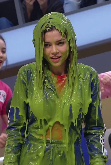 Portrait photograph of Asian woman covered in green slime. hyper-realistic style. 8k. Photorealistic. Glistening slime. Green slime. Dripping slime. Raw photo. Asian Instagram influencer. Asian model. Asian. (Asian girl: 1.1). F/1.4 aperture. 35mm. Jacket ...