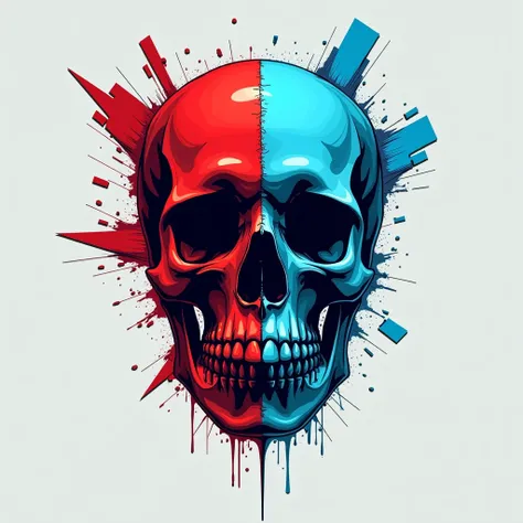 A striking digital artwork featuring a human skull rendered in a modern graphic style, centered against a solid light gray background. The skull is divided into two contrasting halves: the left side painted in vivid scarlet red with sharp, angular shapes a...