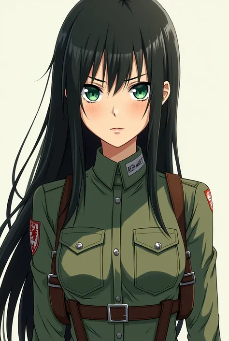 thin girl,  long black hair ,  in the style of the anime snk ,  emerald eyes ,  white skin , with few freckles, thin nose, thick lips , Long eyelashes that he is wearing the uniform of the legion of exploration of said anime