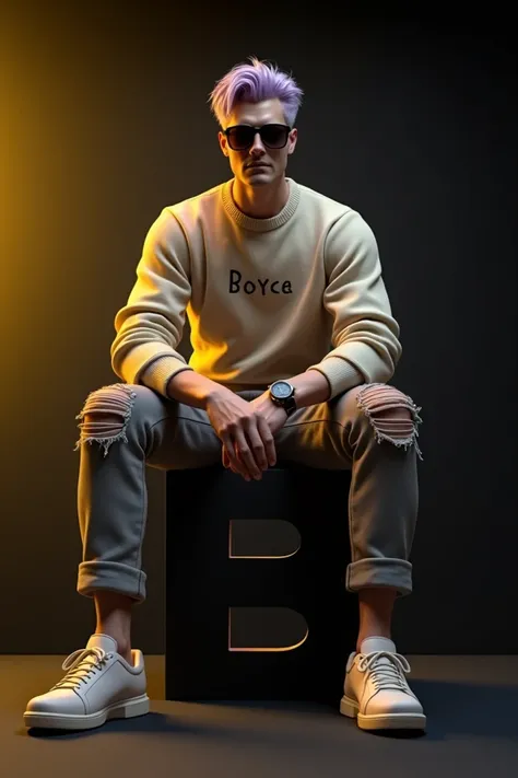  realistic 3D animation ,  handsome man with light purple blond hair , in sunglasses ,  wears watch while smoking cool wears beige switcher with name "Boyce "  written on chest posing sitting on cool 3D letter B on black background with yellow light,  wear...