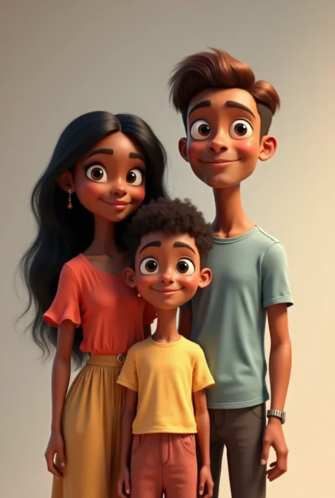 Pixar family dark-skinned woman give long straight black hair,  man white skin brown hair and their son who is  dark skin brown hair in a family photo 