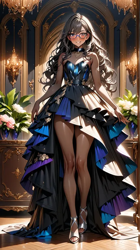 trans woman ((Adult transgender women)): Trap, Otoko no ko; dress pleated skirt; strapless top; brown eyes; ((eye glasses)); showing the whole body; brown skin; Black long wavy hair; High heels silver sandals. High quality. 4k, 8k, many details. Blushing. ...