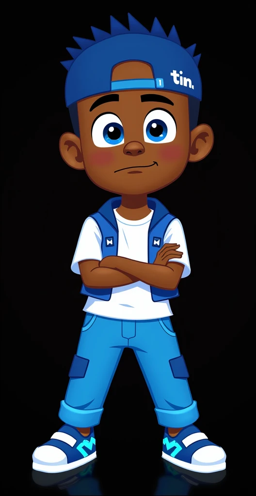 pj masks OCs, Tim, Afro-American skin, blue hair cut Clean Buzz Cut with Faded Sides, blue Cap, white shirt With blue And blue clear jacket, blue pants, white shoes with Blue Lightning Stripes,