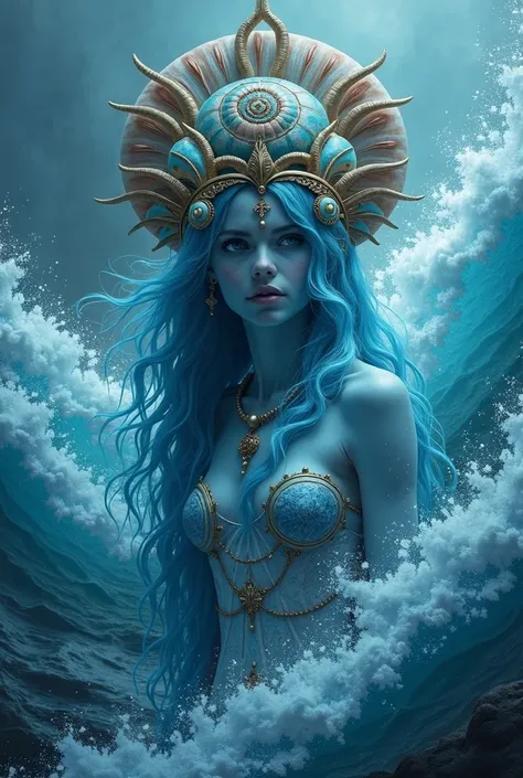 Atlantic goddess with blue skin and snail crown in front