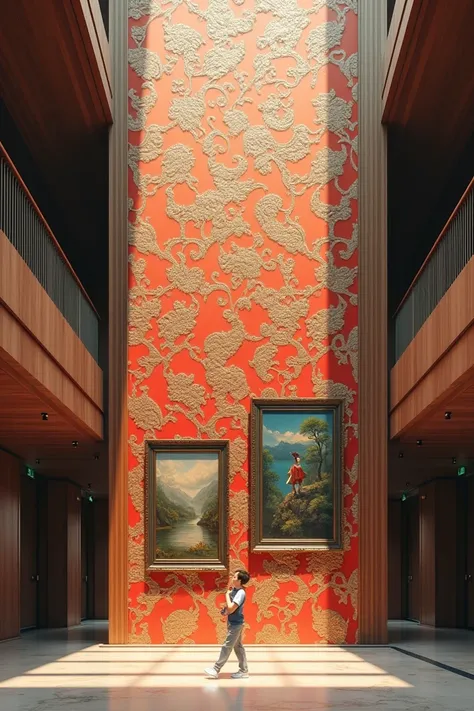 10-meter vertical wall decorated with a 1-meter wallpaper and two paintings 