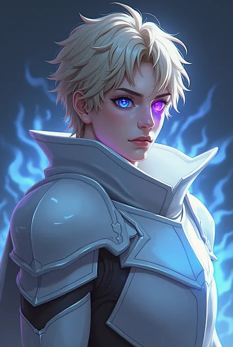 "a 25 year old young man, high (1.90 m), with short dark blonde hair , slightly wavy.  His eyes are deep blue in one and purple in the other ,  with a deep and penetrating look that reflects power and determination.  his skin is pale ,  with a soft glow th...