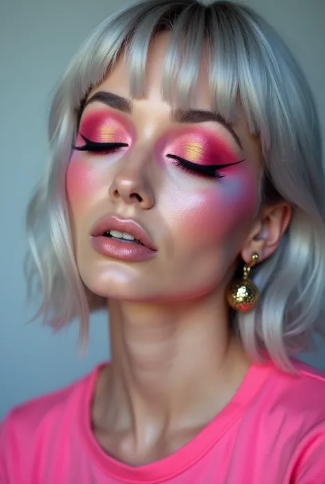  there is a woman with a pink top and silver hair,  stylized Make-up on face ,   with professional makeup  ,  face of a fashion model with closed eyes ,  sleepy fashion model face ,  traditional makeup , Sexy face with full makeup,  Creative Color - Makeup...