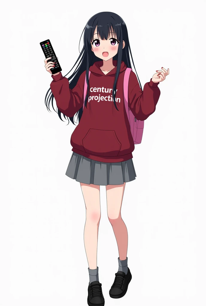 Teenage woman looking forward and black hair standing in front and her legs and wearing black shoes and gray socks Y poleron deep red with hood and zipper and with words "CENTURY PROJECTION ",  with y with pink backpack and pink nails gray skirt anime imag...