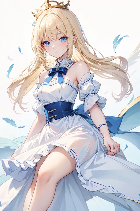   A charming blonde angel  ，   Her long hair is adorned with delicate hair accessories   ， ， Her bright blue eyes look straight at the audience 。   She wears a blue and white off-the-shoulder pleated skirt ， Wearing white stockings  ，Blue heels and white g...