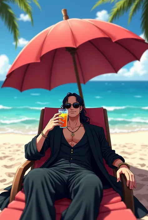 create an image of "Basil Hawkins del anime one piece en la playa",  red umbrella basking in the sun with a view of the ocean beside her , a totally ,  holds a glass in his hand full of iced orange juice and wears black sunglasses