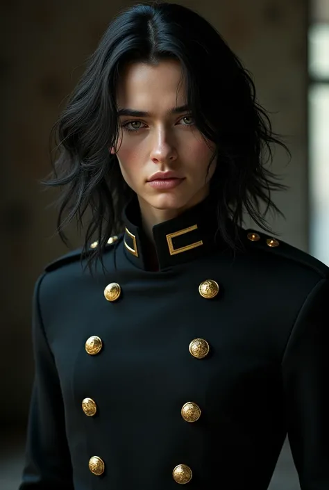 A beautiful androgynous man with long hair in an army uniform. Realism, cinematic lighting