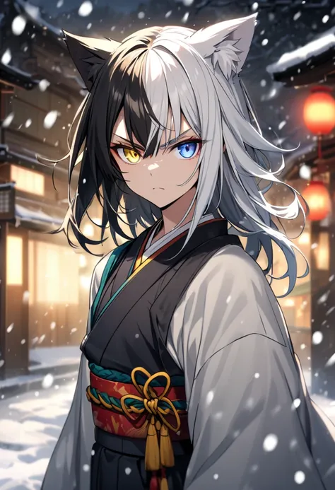 cat ears, japanese clothes, split-color hair, heterochromia, yellow eye, snowing, serious