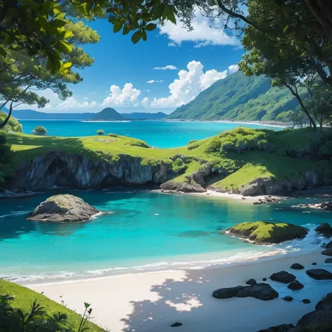 Seascape of Serenity: A tranquil meadow blends seamlessly into a crystal-clear ocean teeming with vibrant fish, surrounded by gentle waves from a distant water source, evoking a sense of wonder and deep tranquility. Capture an extensive, immersive up-view ...