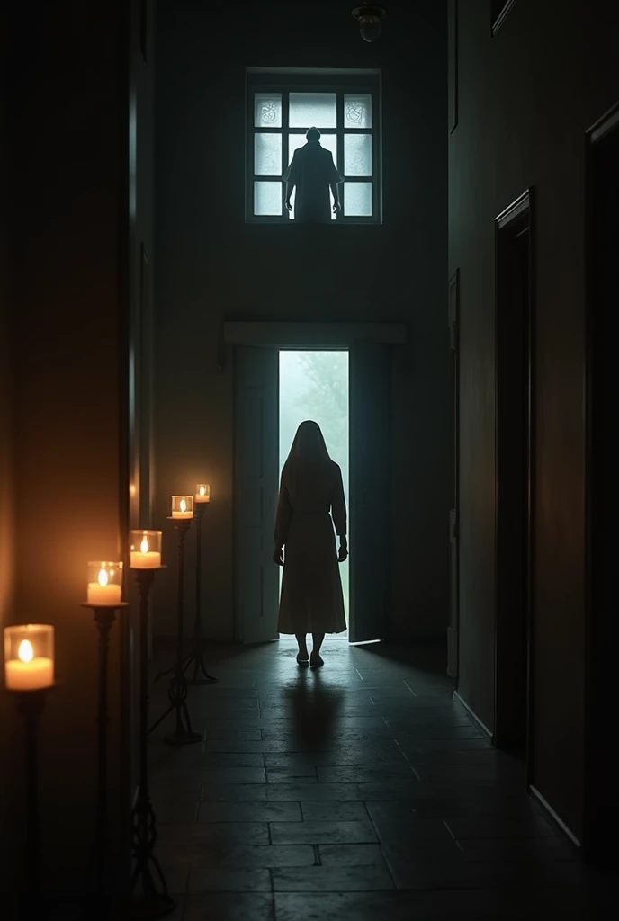 A figure of faith walks alone down a dark corridor,  illuminated only by the faint light of candles around her . facing her,  a locked door ,  that symbolizes an unattainable love . behind the door, } the male figure watches her silently from a distant win...