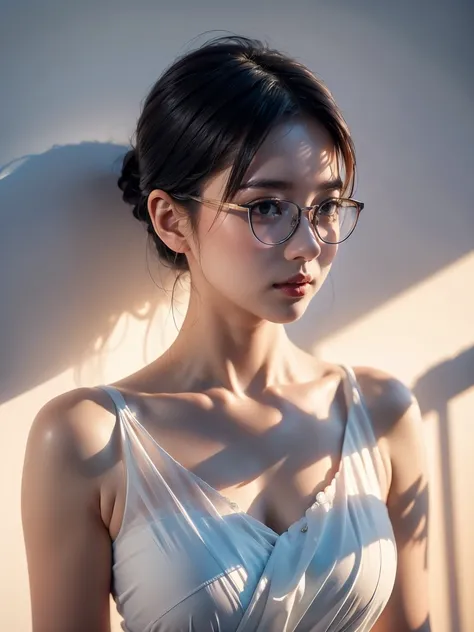  A close-up young thai woman standing gracefully against a white wall, her posture relaxed as dappled sunlight filters through the leaves above, casting soft shadows and patterns across her face and body, wearing glasses,  She gazes thoughtfully, with  ser...