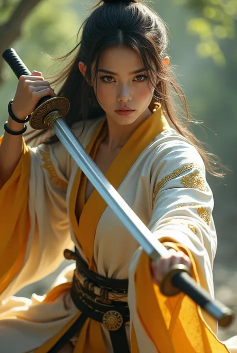 A female samurai with long brown hair , Brown eyes,  white skin ,  in a defensive position with a double sword wearing white and gold clothing, 