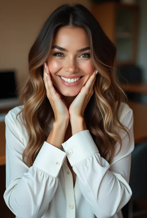  Spontaneous capture of a beautiful woman with long wavy hair , dark with brown highlights .  She is wearing a white dress shirt with her hands on her face ,  expressing confidence and naturalness .  The background of the image should portray a warm and pr...