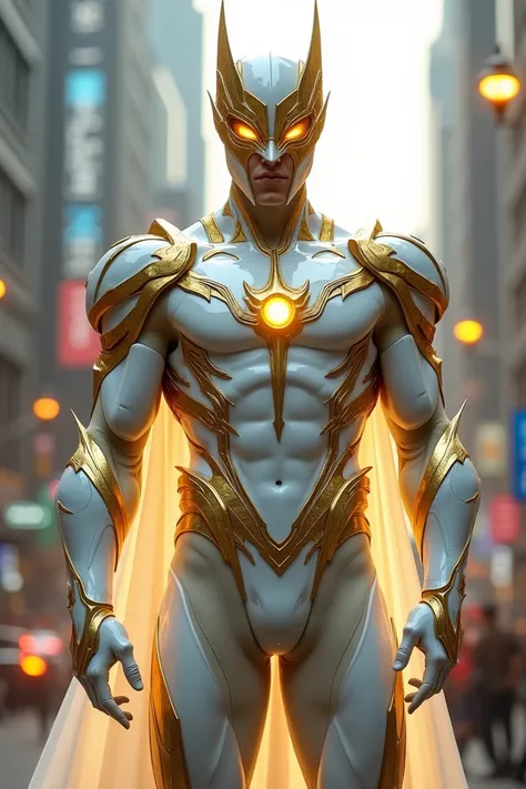 Wonderboy, White And Golden Suit, Beautiful Combination Of Colors White And Golden Color, Full Body, Mask, Marvelous, Awesome, Realistic, High Detailed, Background In City