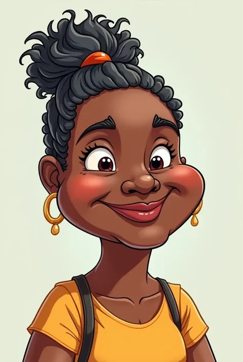 Give me the image in Cartoon ,  of a fair-skinned black lady, gorda,  with little frizzy gray hair in a bun , with a very round face with wrinkles 