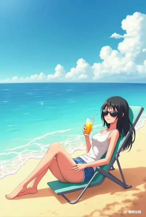 Create an image of Chisaki kai , from the anime my hero academia,  on the beach basking in the sun with a view of the sea beside her, a totally ,  holds a glass in his hand full of iced orange juice and wears black sunglasses