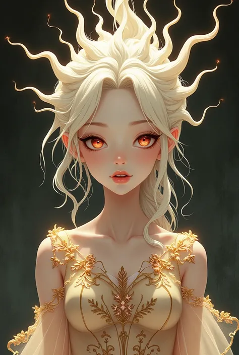 A stunning anime-style portrait of an unforgettable, ethereal beauty, radiating an otherworldly presence. The young woman has pale, glowing skin and an intricate hairstyle that radiates outward in spiked, organic shapes, almost resembling tendrils or sunra...