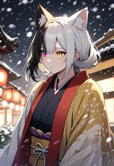 cat ears, japanese clothes, split-color hair, heterochromia, yellow eye, snowing, expressionless, [[[mature female]]]