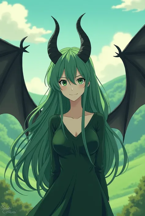 Studio ghibli style. Ethereal green haired witch. Black horns and black bat wings. 