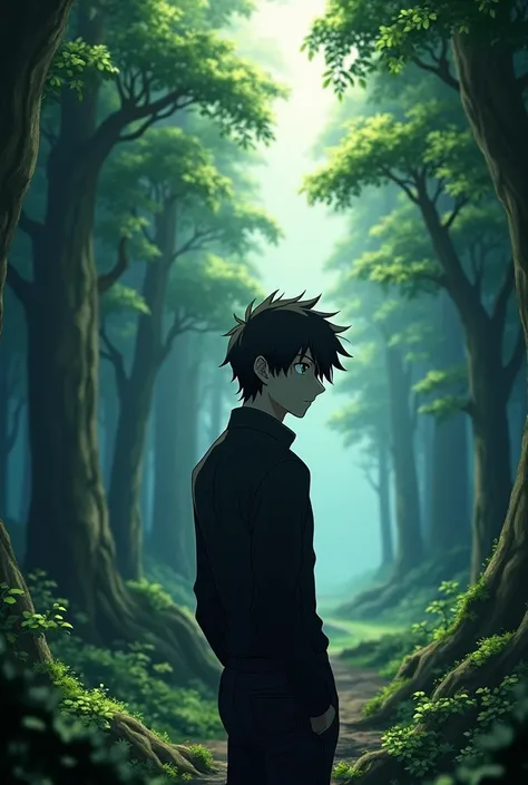 Create the Subaru Natsuki character from the anime Re :  Zero backwards looking at a forest landscape