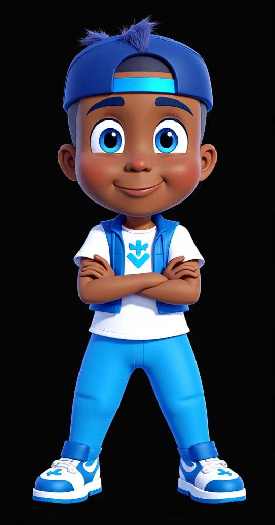 Brandon David, pj masks OCs, moreno dark skin, blue Clean Buzz Cut with Faded Sides, blue Cap, white shirt With blue And blue clear jacket, blue pants, white shoes with Blue Lightning Stripes, 