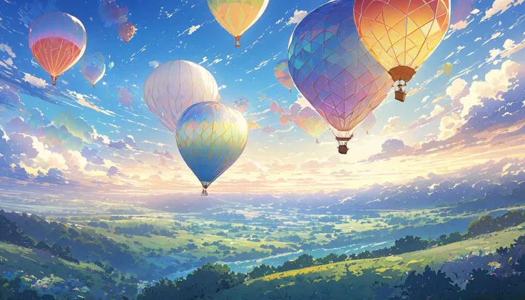  illustration of a colorful hot air balloon floating in a vast blue sky:  The green rural landscape spreads out below 、 the morning sun warmly illuminates the whole area 。Clouds scattered 、There are birds flying in the sky。 quiet and adventurous atmosphere...