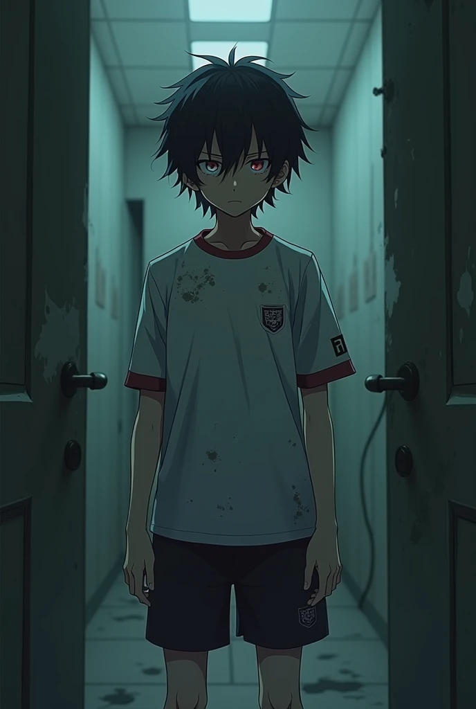 traço mais sombrio, anime boy, teen, mature, soccer uniform, short hair, locks of hair, multicolored eyes , Asylum room, fullbody Asylum