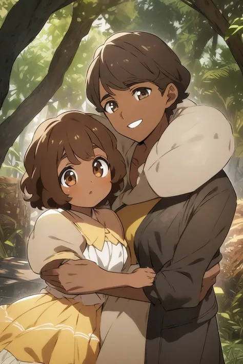 Mother and father of brown-skinned hug their brown-skinned son with brown eyes brown hair boy