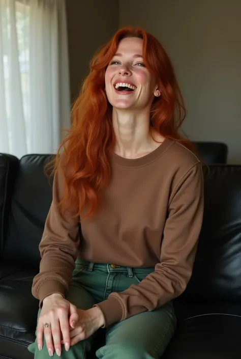    A woman is sitting in her living room   ,   contemporary living room  , Decoration,     of black leather removed to the right   ,    She wears a brown sweatshirt and sexy green jeans  ., Naturalle  , sensual, redhead, without makeup, natural, without ma...