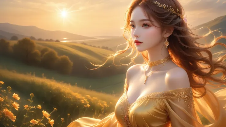 A Masterwork In 32K Resolution, Unmatched Quality, Ultra-Fine Details, Official Art, Supreme 32K Wallpaper, Gorgeous And Ethereal, Highly Detailed Features, Spellbinding Detail, Dutch Angle, Hyper-Realistic, Summer Landscape. One Girl, Solitary, Golden And...