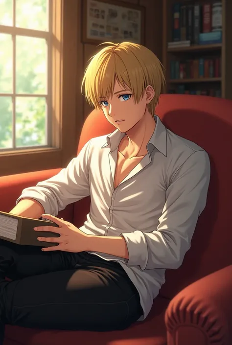 A handsome 19-year-old boy with blonde hair ,  blue eyes and pale skin wearing a loose, white long-sleeved shirt sitting on the couch in his cabin ( is set in the anime Shingeki no Kyojin and the boy is Armin Arlet