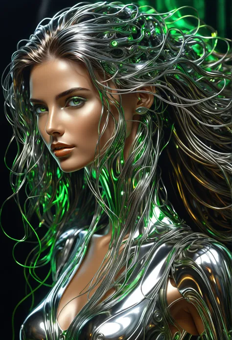 Metalworking model, image of woman with left side like intricate and detailed liquid metal machinery, dynamic, shiny, reflective, natural right side, smooth human face, seamless transition, expressive green eyes, intriguing, hair flows gracefully, like str...