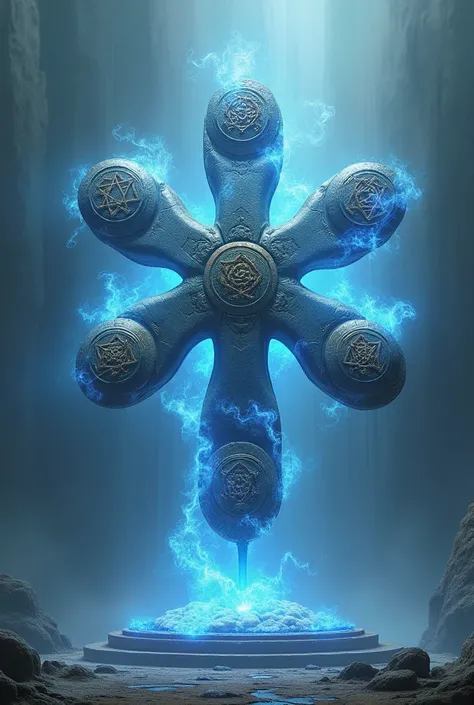 Create pilar divided in five aprts floating like by teleknesis with a blue energy passing through it, with one big arcane symbol craved on each part and little ones craved all around it