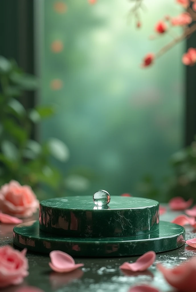 STAGE with a stand with a dark JADE BACKGROUND WITH ROSE PETALS AND A DROP OF WATER 