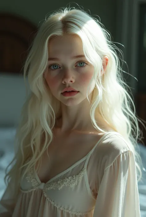 Albino tween with long blonde hair, lovely eyes, very white skin, albino skin, small breasts, pyjamas, with a more elegant and sophisticated touch, very young face, juvenile face, something, which corresponds to her mysterious and strong personality. Gener...