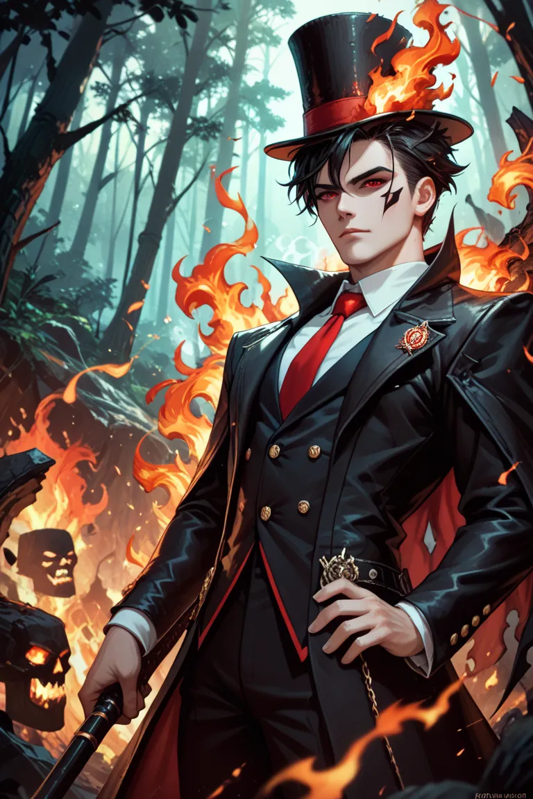 Lord shadow , to be made of black eyes and black shadows,  a red-eyed top hat , burning forest background , anime 