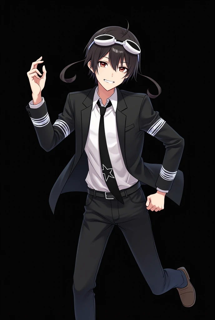 Shinichi Sakurai smiling on a black background wearing a white shirt and black jacket with two white stripes that shine and make a mill on each sleeve of his hands and white swimming goggles with black visors hanging right around the neck and a black tie w...