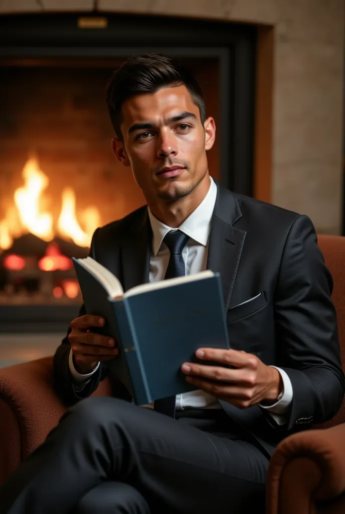 ronaldo in a suit, small head, extremely detailed skin, reading seated on sofa, in front of fireplace, blurred background.