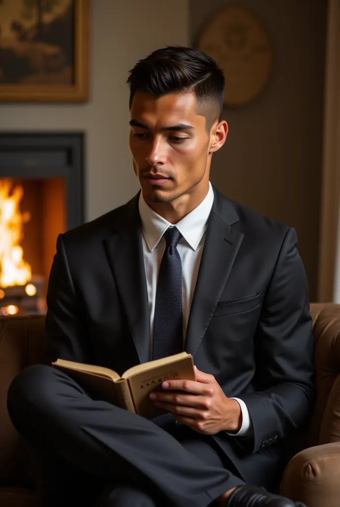 ronaldo in a suit, small head, extremely detailed skin, reading seated on sofa, in front of fireplace, blurred background.