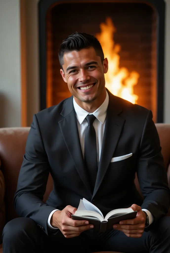 ronaldo in a suit, small head, extremely detailed skin, reading seated on sofa, in front of fireplace, blurred background.